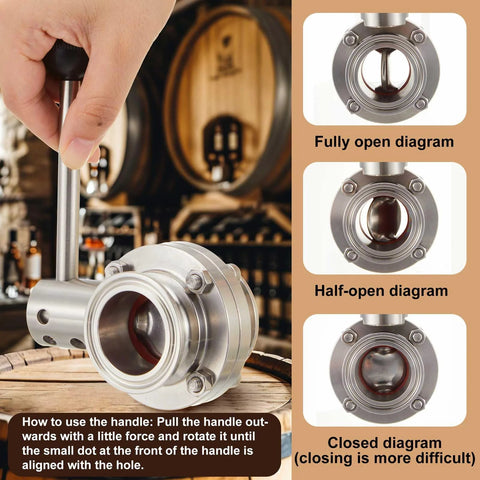 Butterfly valve with pull handle, 304 stainless steel, 1.5 in tube OD, three-clamp Clover