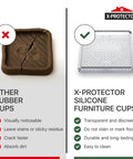 Comparison of other rubber cups and X-PROTECTOR silicone furniture cups, highlighting durability and stain-free benefits.