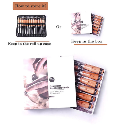12 Piece Wood Carving Chisel Set With Roll Up Bag And Box Pro Woodworking Gouge Tools For Carpenters And Craftsmen Perfect Gift For Flower Carving Woodcarving Projects And DIY Carving displayed with case and box options