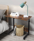 Mobile Side Table On Wheels Height Adjustable Laptop Cart For Living Room And Bedroom C Shaped Bed End Table With Edge Stopper Must Have Portable Rolling Desk For Your Couch Or Bed Rustic Brown Finish beside bed with lamp and books