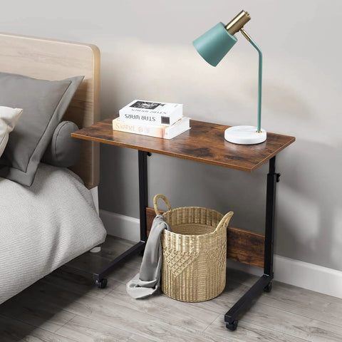 Mobile Side Table On Wheels Height Adjustable Laptop Cart For Living Room And Bedroom C Shaped Bed End Table With Edge Stopper Must Have Portable Rolling Desk For Your Couch Or Bed Rustic Brown Finish beside bed with lamp and books