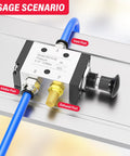 Three Way Two Position Air Valve With 1/4 NPT P A Ports And 1/8 NPT R Port Hand Lever Manual Control Solenoid Valve For Pneumatic Systems Durable Aluminum Body Precise Air Activation Works At 25-116 Psi 32-140 F Model 3R210-08 installed on a system with highlighted ports.