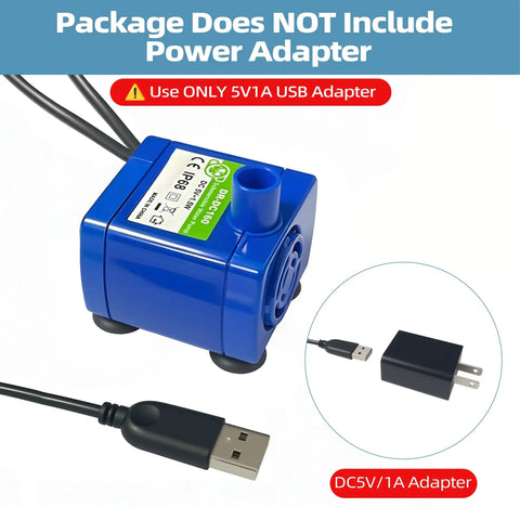 Blue Low Power Submersible Cat Fountain Pump Replacement With Led Light 5V 1.5W DR-DC160 USB adapter detail