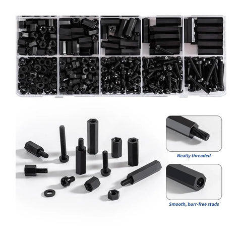 580 Piece M3 Black Nylon PCB Standoff Mounting Kit With Screws Nuts And Washers For PCB Installations Chassis And DIY Electronics Builds, assorted black spacers and hardware