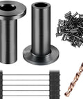 120 Pack T316 Black Stainless Steel Rugged Protector Sleeves for 1/8 Inch Cable Deck Railing Kit System on Wood Posts, drill and fittings shown