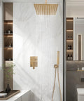 Boss Brushed Gold Shower Faucet Set With Ceiling Mount 8 Inch Rainfall Head System in modern bathroom setting