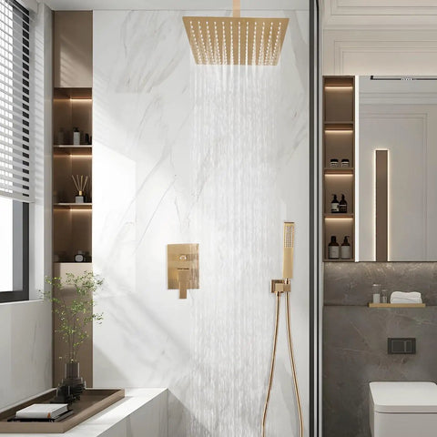 Boss Brushed Gold Shower Faucet Set With Ceiling Mount 8 Inch Rainfall Head System in modern bathroom setting