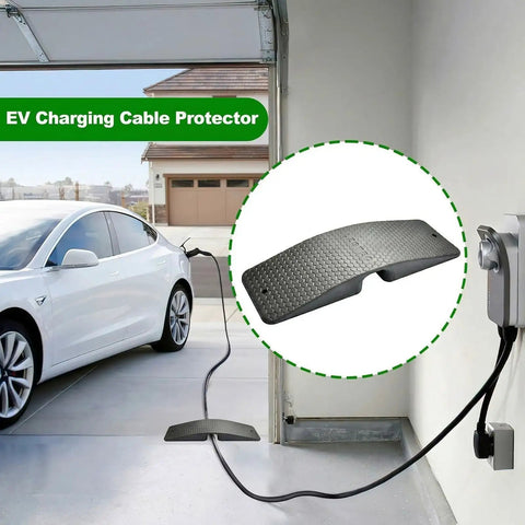 Heavy Duty EV Charger Cable Protector For Garage Door Pass Through with Tesla, showing soft rubber shield in use.