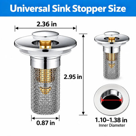 Removable Stainless Steel Hair Catcher Basket For Bathroom Sink Tub And Shower With Pop Up Drain Stopper showing dimensions and design.