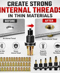 Rivet Nut Pliers And Mandrel Kit For M3 To M12 Rivet Nuts In Carbon Steel, Broad Metric Coverage For Automotive, Workshop, And Home Repairs, Ready To Use Mandrels And Quick Change System. Before-and-after thin metal panel with installed rivet nut.