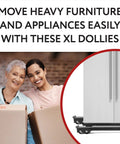 Installed view: four XL alloy-steel appliance dollies with brakes under a refrigerator.