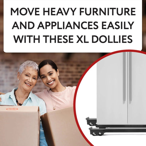 Installed view: four XL alloy-steel appliance dollies with brakes under a refrigerator.