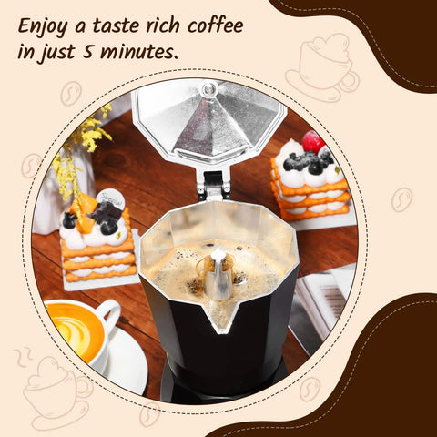 6 Cup Electric Moka Pot Espresso Maker 300ml Portable Aluminum Coffee Brewer on wooden table with coffee and desserts