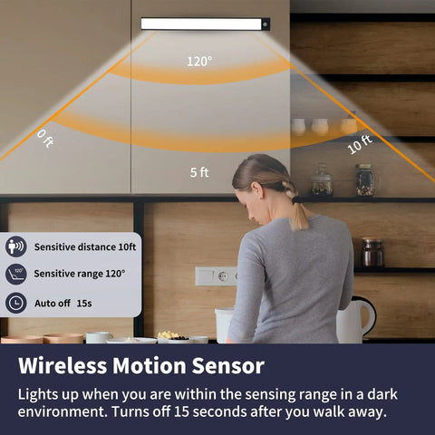 LED Motion Sensor Under Cabinet Lights 2 Pack With Ultra Thin Magnetic Closet Design 69 LEDs demonstrating motion detection range