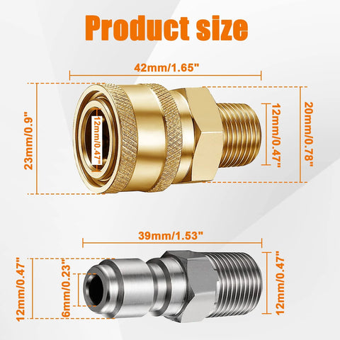 Set of 4 brass and silver 1/4 in NPT pressure washer quick-connect couplers, front and side views.