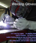 Leather welding gloves, front view, white cowhide, gripping metal as arc weld sparks.