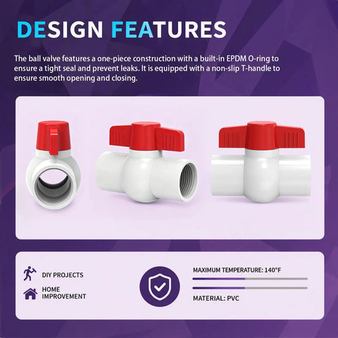 Six Pack Heavy Duty PVC Shut Off Ball Valves Featuring One Inch NPT Female Threads And Red T Handles Rated To 150 PSI on display with clear features.