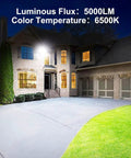 Two Pack 100W LED Outdoor Flood Lights illuminating a house driveway at night, showing weatherproof security lighting.