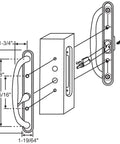 Diagram of Sliding Glass Patio Door Offset Pull Handle Set With Keys Replacement For 3 15/16 Inch Hole Spacing And 1 1/4 To 2 1/4 Inch Door Thickness, 10 Inch Escutcheon Plate, Four Hole Patterns, Black Finish.