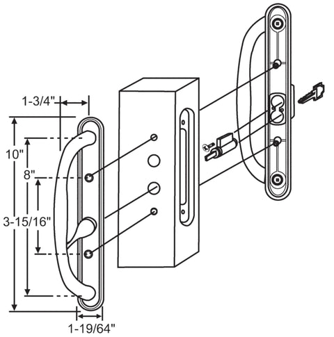 Diagram of Sliding Glass Patio Door Offset Pull Handle Set With Keys Replacement For 3 15/16 Inch Hole Spacing And 1 1/4 To 2 1/4 Inch Door Thickness, 10 Inch Escutcheon Plate, Four Hole Patterns, Black Finish.