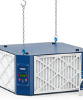 Heavy Duty Shop Air Filtration System Pulling 1350 CFM with 360 degree vortex fan, remote and timer, suspended with chains.