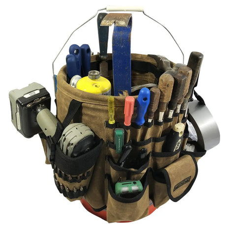 Waxed Canvas Tool Bucket Organizer For A 5 Gallon Bucket Heavy Duty Build With 58 Pockets Inside And Outside Pouches Rugged Worksite Organizer