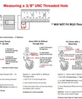 Diagram and instructions for measuring a 3/8" UNC threaded hole, includes installation options for Three Eighths Inch 16 UNC Threaded Stem Rubber Caster Wheels With Brakes And Locks.