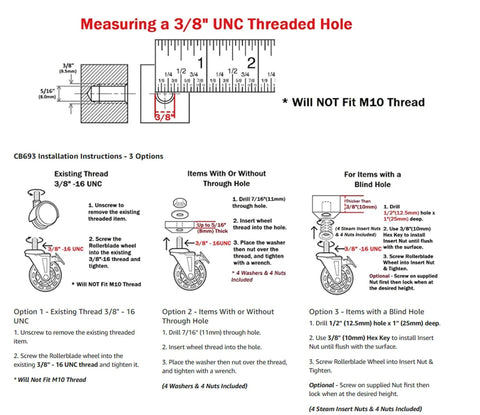 Diagram and instructions for measuring a 3/8" UNC threaded hole, includes installation options for Three Eighths Inch 16 UNC Threaded Stem Rubber Caster Wheels With Brakes And Locks.