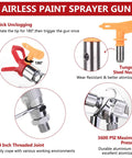 Close-up details of Airless Paint Sprayer Gun 3600 PSI With Reversible 517 Tip Swivel Joint 10 Inch Extension Pole One Quarter Inch NPT Inlet Four Finger Trigger Universal Guard Fits Titan Graco Sprayers Pro Grade.