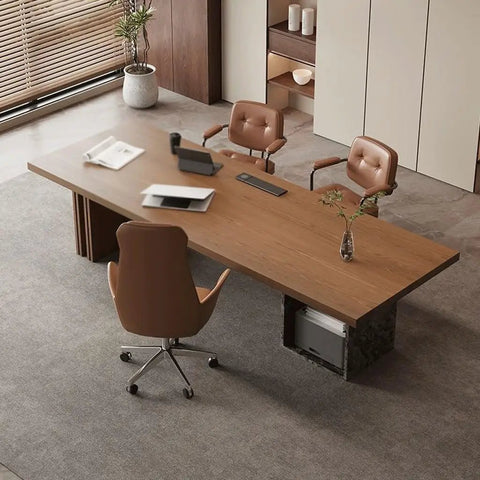 Premium Solid Wood Computer Desk For Home Office Boss Grind Zone Ergonomic Standing Workbench with workspace and chairs.