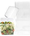 150 Ounce Square Deli Containers With Airtight Lids BPA Free Plastic Microwave Safe shown stacked and filled with vegetables