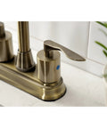 Close-up of Serena Two Handle Deck Mount Bar Faucet In Antique Brass With Washerless Cartridge on marble surface