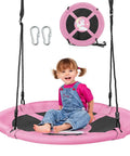 Child sitting on 40 Inch Pink Unicorn Saucer Swing for Kids With Adjustable Ropes and 2 Carabiners Waterproof 900D Oxford Cloth Round Outdoor Swing for Backyard Playground