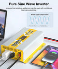 1200W Pure Sine Wave Inverter 12V DC To 120V AC With LCD Display next to laptop and smartphone, connected for charging.