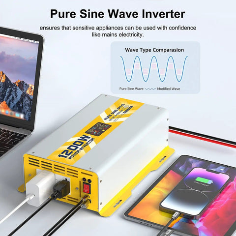 1200W Pure Sine Wave Inverter 12V DC To 120V AC With LCD Display next to laptop and smartphone, connected for charging.