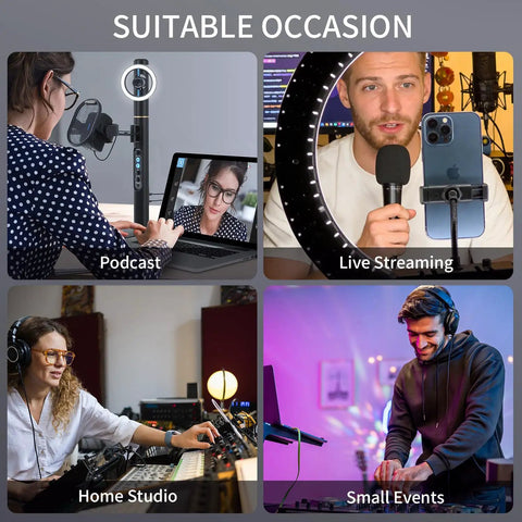 Various uses of 4-Channel Audio Mixer With Bluetooth And 99 DSP Effects, 7-Band EQ, 48V Phantom Power, USB Audio Interface