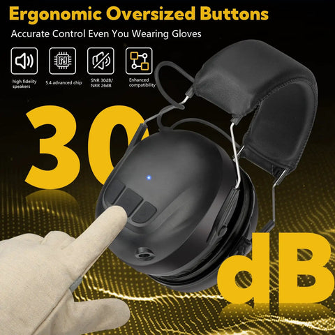 Gloved hand touching ergonomic button on Gel Ear Cushions Bluetooth Five Point Four Hearing Protection Headphones With 30 dB Noise Cancellation, 1200 mAh rechargeable earmuffs for mowing.
