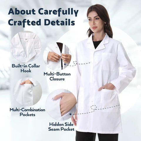 Women's White Lab Coat With Long Sleeves Pro Grade Medical Uniform Featuring Three Pockets Breathable Cotton Poly Blend Easy Care Machine Washable All Day Comfort Size XS To XL For Clinic Lab Or Office with built-in collar hook and multi-button closure.