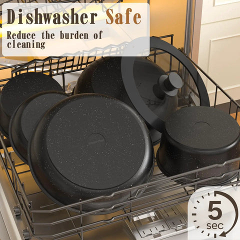 21-Piece Detachable-Handle Nonstick Cookware Set With Granite Coating in a dishwasher for easy cleaning.