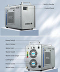 Heavy Duty Compact Six Liter Water Chiller For Laser Engraving Machines, showing control panel, built-in handle, and rear features.