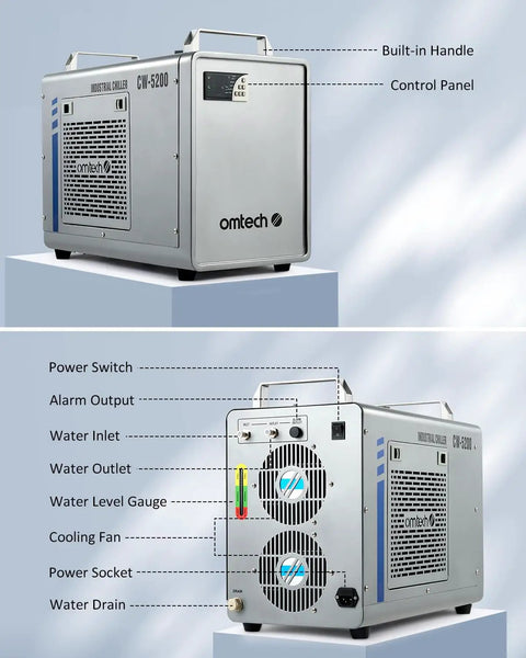 Heavy Duty Compact Six Liter Water Chiller For Laser Engraving Machines, showing control panel, built-in handle, and rear features.