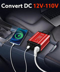 400W Power Inverter DC 12V To AC 110V Converter with dual outlets and USB charging, used in car for charging devices.