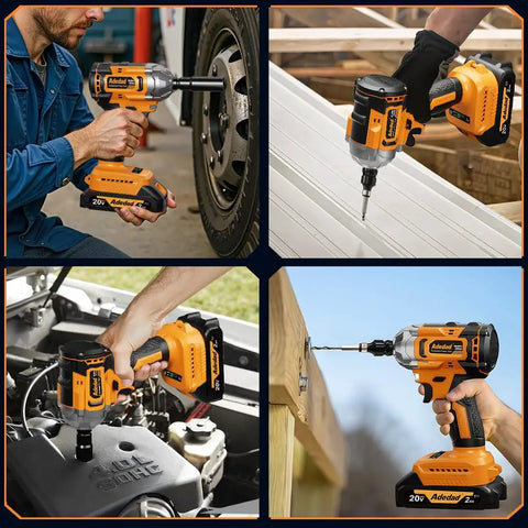 Person using Cordless Impact Wrench Half Inch Drive With Brushless Motor, 20V, 406 Nm Torque, 4.0Ah Battery on car tire