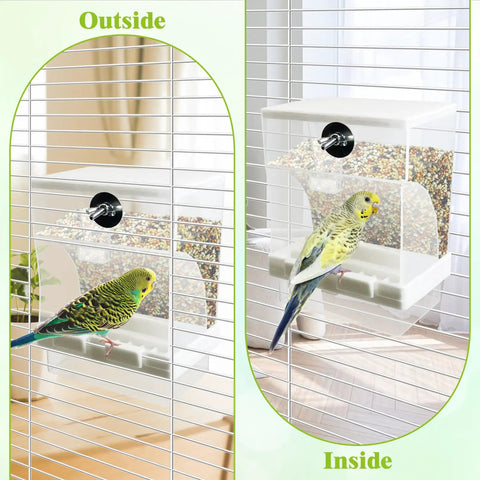 Real Deal Automatic Bird Feeder With Super Slick Waste Catcher And Split Bowl Design For Cockatiel Parrot And Parakeet Cage Accessories Totally Hassle Free Setup Two Pack, showing a parakeet feeding.