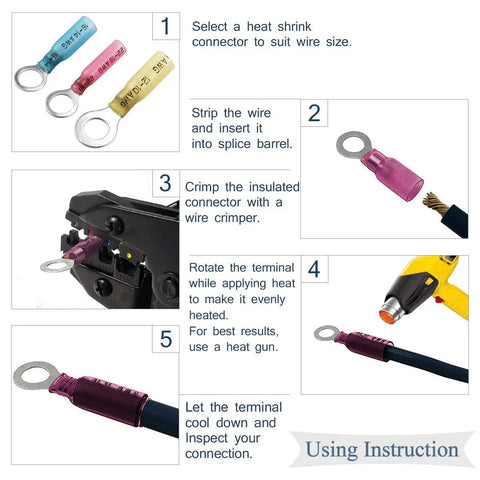 Massive 540 Piece Ring Heat Shrink Crimp Terminals Kit Features Insulated Butt Wire, Male Female Spade Terminal Connectors For Solid Electrical Cable Repairs And Professional Wiring Jobs Right Now instructions with ring terminals, crimper, and heat gun