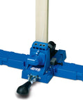 Beast Mode Benchtop Pocket Hole Jig With Slick Toggle Clamp And No Sweat Ratcheting Adjustment For Heavy Duty Woodworking Diy Projects That Run Sweet And Tight, blue benchtop jig with clamp and adjustable stop.