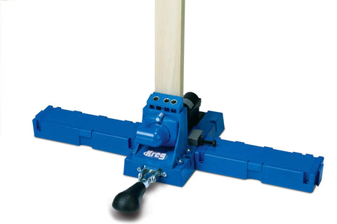 Beast Mode Benchtop Pocket Hole Jig With Slick Toggle Clamp And No Sweat Ratcheting Adjustment For Heavy Duty Woodworking Diy Projects That Run Sweet And Tight, blue benchtop jig with clamp and adjustable stop.