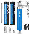 KRETLAW mini grease gun kit; blue handle, 3000 PSI, 12-inch flex hose, two 3oz cartridges, assorted adapters and gloves