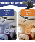 52 Inch Black Flush Mount Ceiling Fan With Remote And Light Kit, Low Profile Modern Look, reversible DC motor demonstration