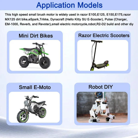 MY6812 24V 150W Electric Scooter Drive Motor With 9 Tooth 25H Sprocket Brushed DC Motor Calibrated 2750 RPM And 0.52 Nm Torque For Easy Replacement Or DIY Builds. Application models for mini dirt bikes, scooters, e-moto, and robot DIY.